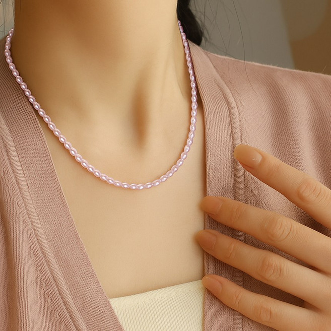 오스트리아 크리스탈 밥풀 핑크 진주 초커 목걸이 3mm 4mm