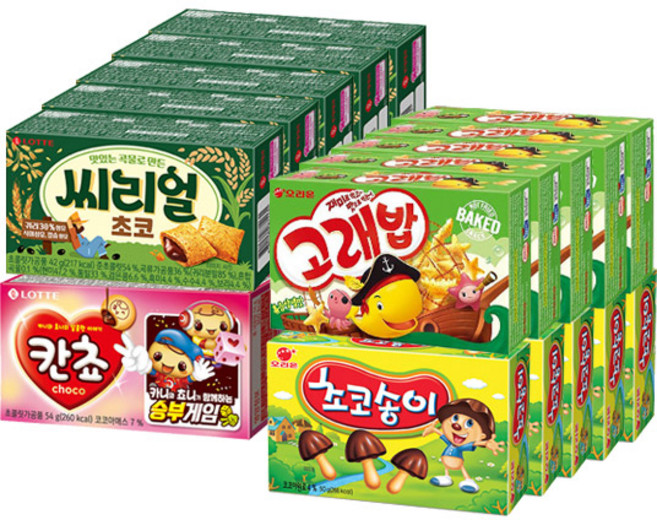 오리온 초코송이 50gx5개+고래밥 46gx5개+칸쵸 54gx5개+씨리얼 42gx5개(총20개), 5개, 50g
