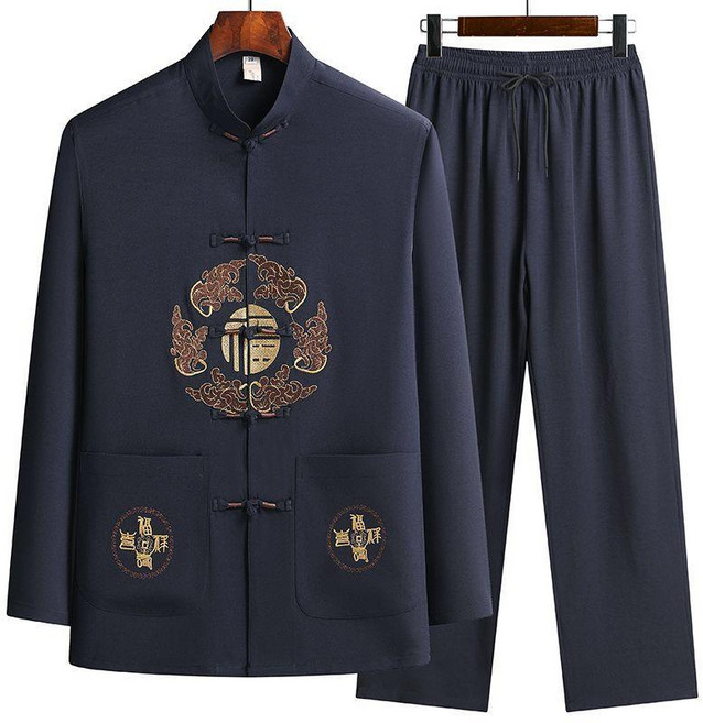 棉麻中國風唐裝套裝 男 長袖套裝 春秋季爸爸爺爺衣服