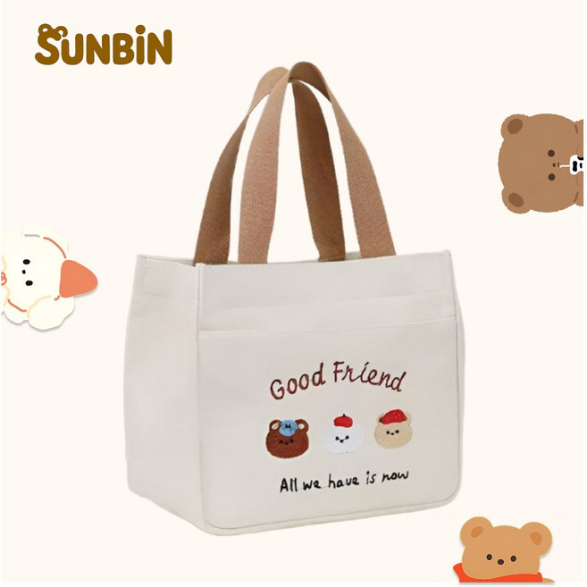 SUNBIN 곰돌이 자수 여성 캔버스 토트백 에코백