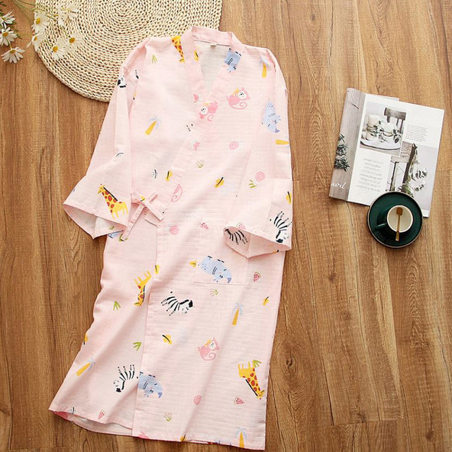 진하다 순면 골프 샤워가운 여성 거즈면 여름 목욕가운 잠옷, 1개, 동물원핑크 L