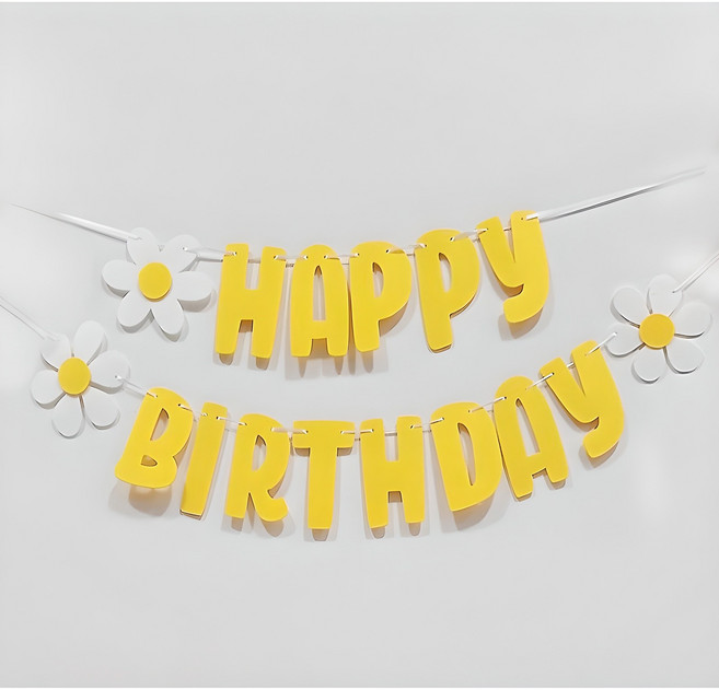 올리브파티 데이지 생일파티 펠트 가랜드 세트 꽃 3p + 해피버스데이 문구 레터링 + 끈, 옐로우, 1세트
