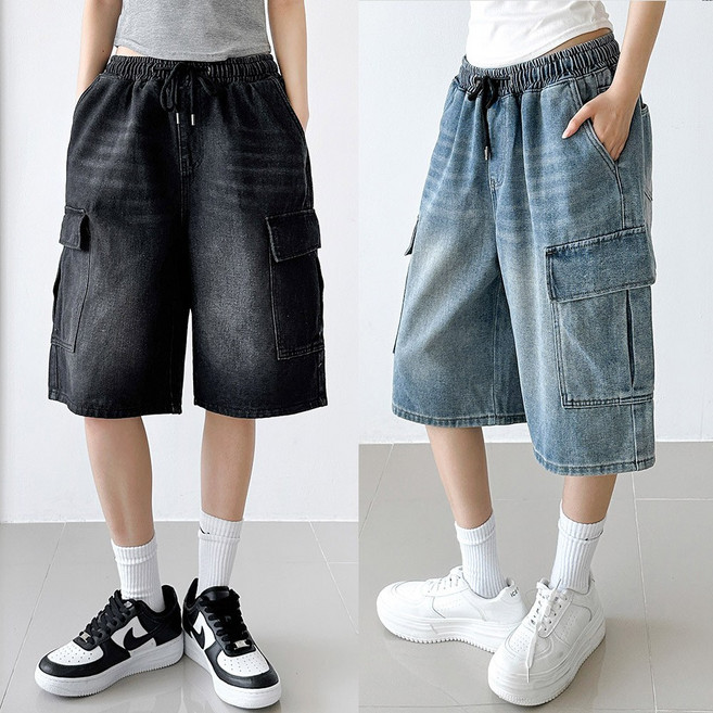 [카고팬츠의정석] 312 청 카고 반바지 허리밴딩 데님팬츠 건빵바지 캐주얼 데일리 남녀공용 빅사이즈까지