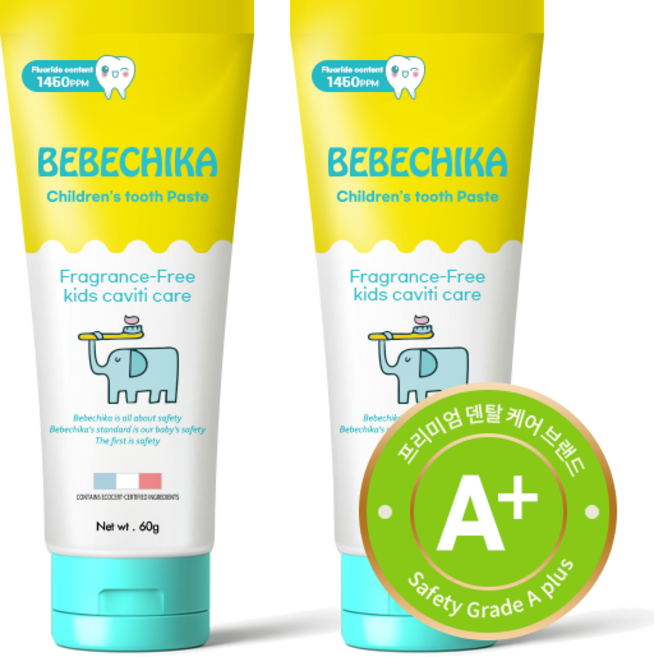베베치카 국내최대 고불소1450 어린이 아기 불소 치약 무맛 무향, 2개, 60g