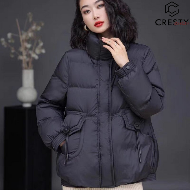 크레스티 여성 겨울 하이넥 코트 캐주얼 숏 점퍼 일상 화이트 오리털 경량 패딩