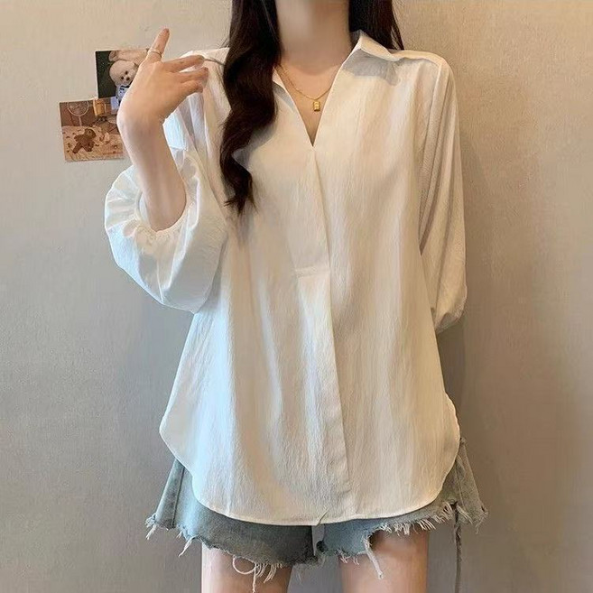 V領襯衫 雪紡襯衣 七分袖寬鬆上衣女
