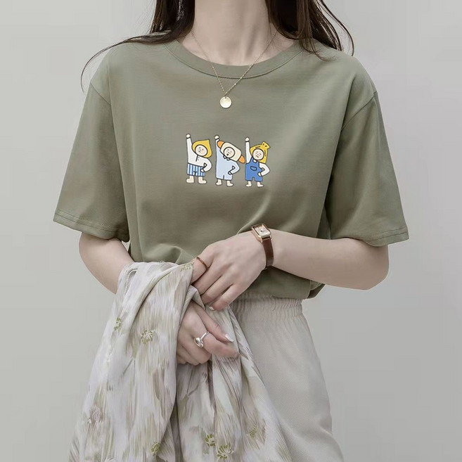 【廷選】卡通印花 夏季半袖 圓領短袖, 1個, 抹茶綠,S