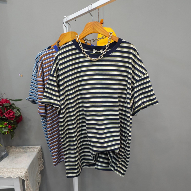 투투 여성용 오버핏 스트라이프 배색 라운드넥 면 반팔 티셔츠