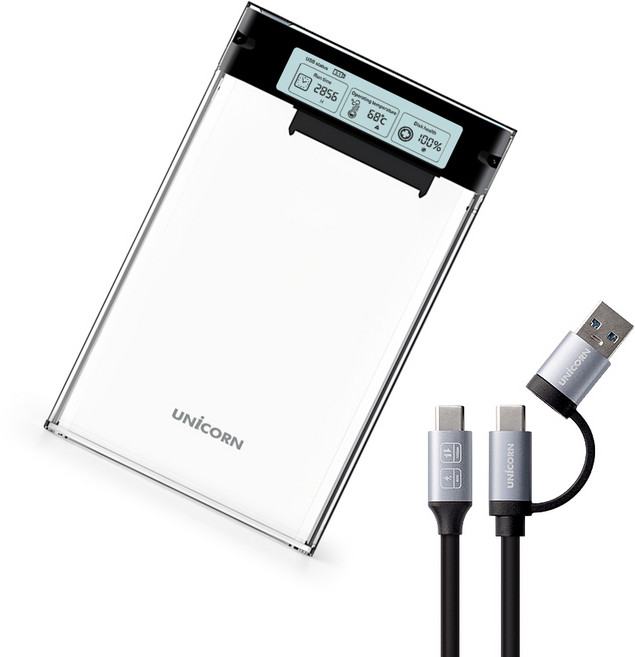 유니콘 스마트LCD 2.5인치 HDD SSD 투명외장하드케이스 USB3.2Gen1 A+C타입젠더 슬라이딩결합 HSD-L30