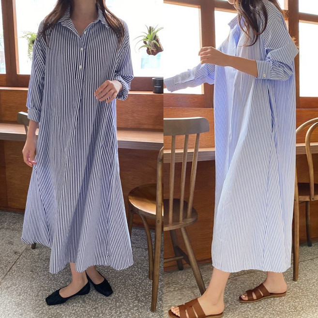 핏몬 루즈핏 포켓 스트라이프 카라넥 셔츠 긴팔 롱 원피스