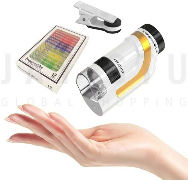 제이스튜 LED 300배율 야외 관찰 현미경 스마트폰연결 미니 풀세트, 본체+샘플+핸드폰거치대, 1개, 300배율 골드화이트