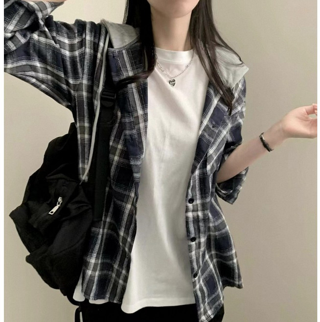 쪼예 데일리 피치기모 체크 후드 루즈핏 긴팔 셔츠 남방