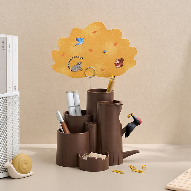 피그랩 딱따구리의 숲 연필꽂이 다용도 데스크 오거나이저 올인원 펜꽂이, 1개, 월넛