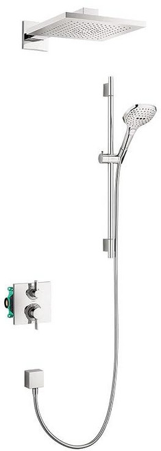 Hansgrohe Raindance E 컴플리트 샤워 시스템 세트 모던 3-스프레이 파우더레인 레인 풀 및 마사지 볼륨 자동 온도 제어 크롬 러프 밸브 포함 2GPM 0, 정사각형, 2 GPM, 브러시드 니켈, 1개