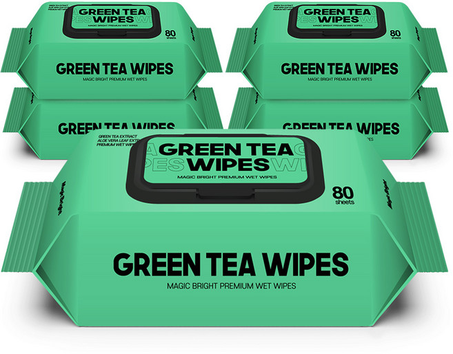 매직브라이트 도톰한 엠보싱 그린티 물티슈 캡형, 5개, 80매입, 60g