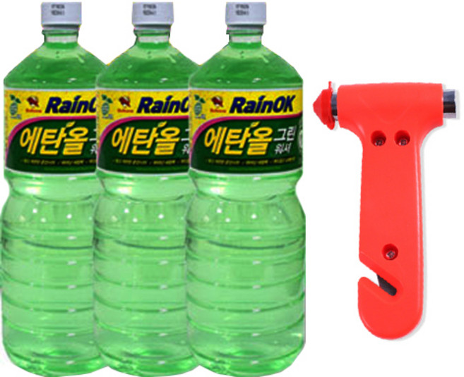 불스원 레인OK 에탄올 그린워셔액 1800ml 3통 + 차량안전망치 증정, 워셔액3통+미니안전망치