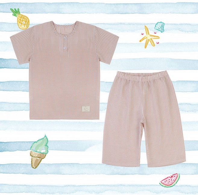 르브니 KC인증 주니어 반팔 파자마 세트 아동 시어서커 체크 지지미 2버튼