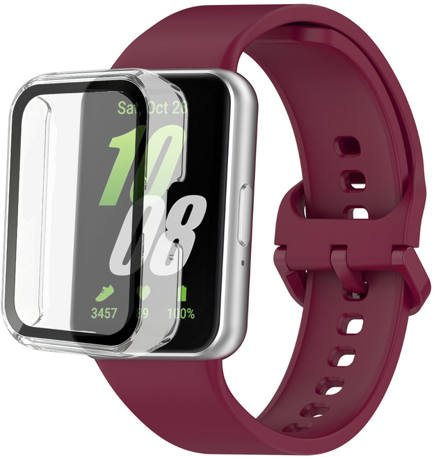 갤럭시핏 3 호환 스포츠 실리콘 스트랩+ 풀커버 보호 케이스, 와인/투명