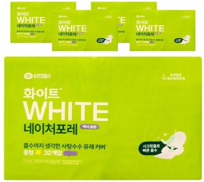 생리대 화이트 네이처포레 맥시슬림(날개형) 중형(32P) x 4팩, 중형, 32개