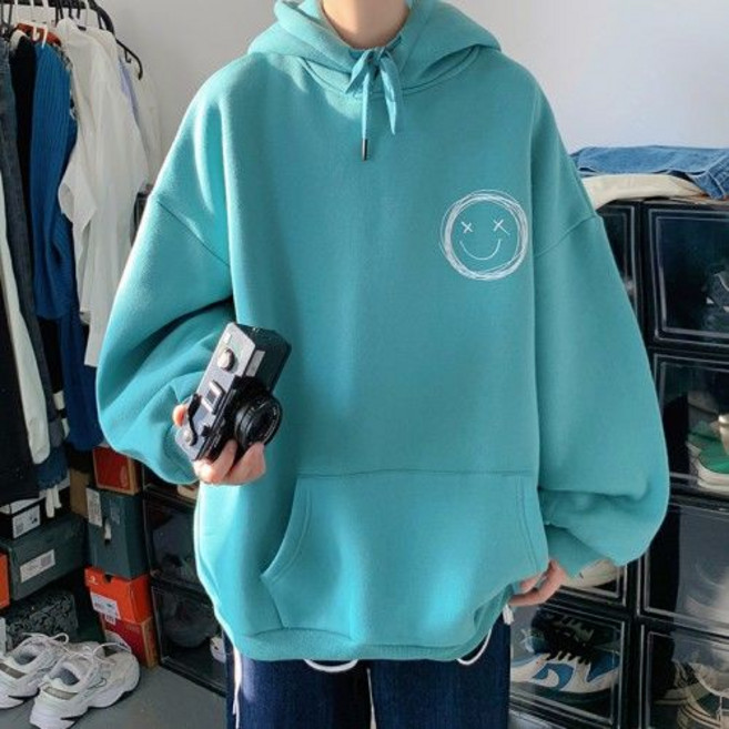 大尺碼 笑臉印花連帽衛衣 加絨加厚