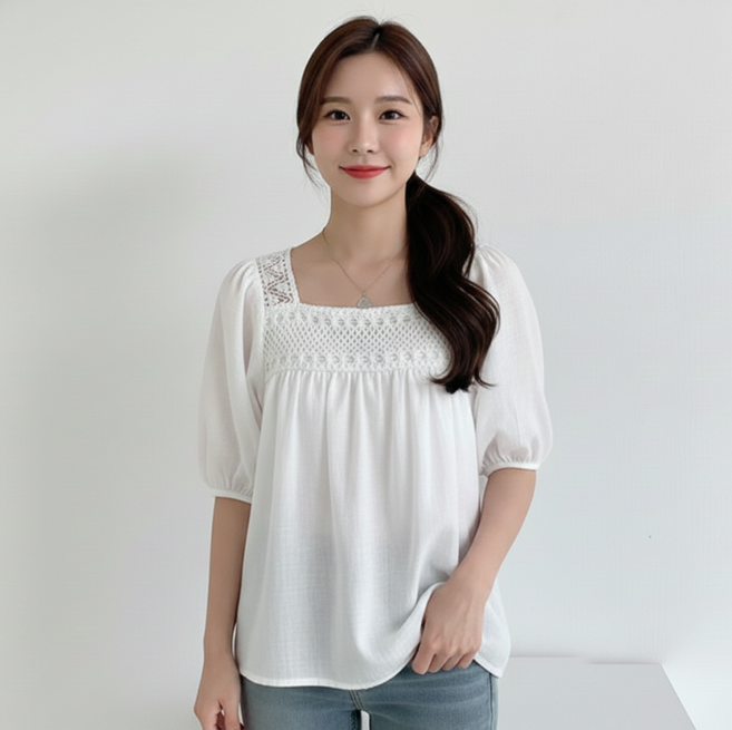 데일로엔 여성 린넨 스퀘어넥 자수 퍼프 반팔 블라우스 셔츠