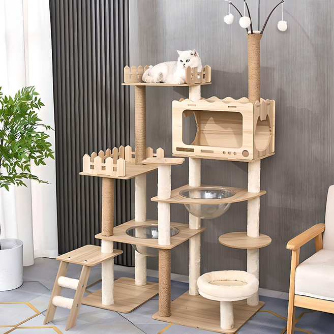 메이리앤 투명해먹 스크래쳐 숨숨집 우드 올인원 8단 대형 캣타워 캣폴, 1개