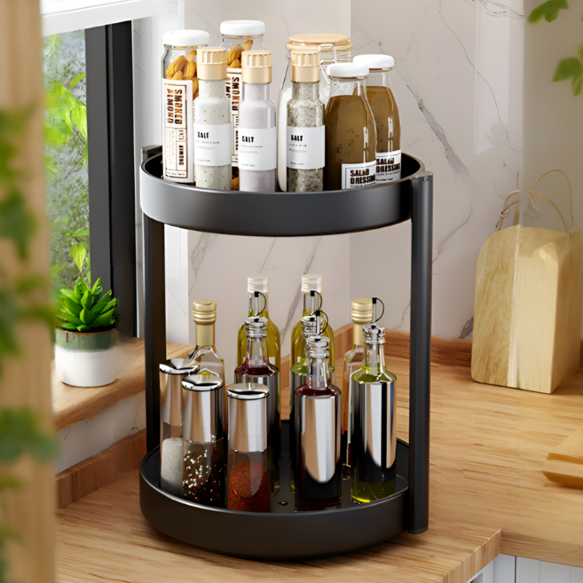 가온루트 고급 철제 다용도 주방 정리 양념 양념통 선반 2단 회전 트레이, 블랙, 1개