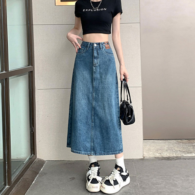 DIU 港風復古百搭牛仔半身裙包臀顯瘦開叉春秋上新A字遮肉設計感長裙