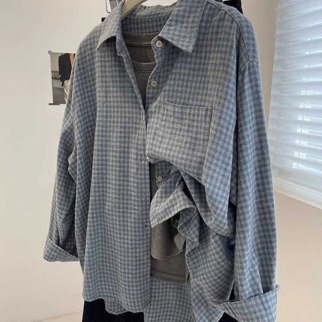 大丫 小丫 女寬鬆格子長袖襯衫外套 藍色格子磨毛襯衫 2025 慵懶長袖寬鬆襯衣 上衣