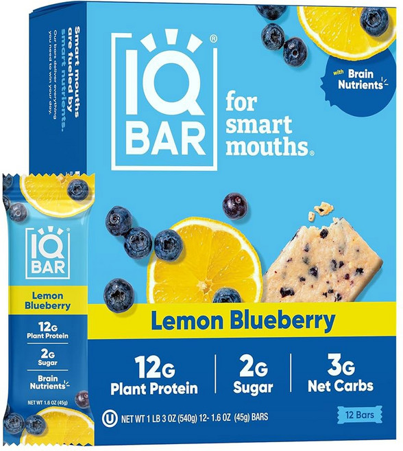 IQBAR 뇌 및 신체 식물성 구운 - 단백질 글루텐 저탄수화물 코코넛, Lemon Blueberry, 12 Count (Pack of 1), 45g