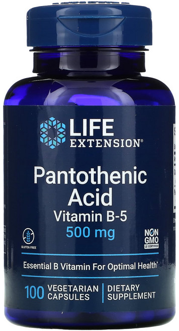 라이프익스텐션 판토텐산 비타민 B 5 500mg 100정 칼슘 코엔자임 A 조효소 효능, 1개