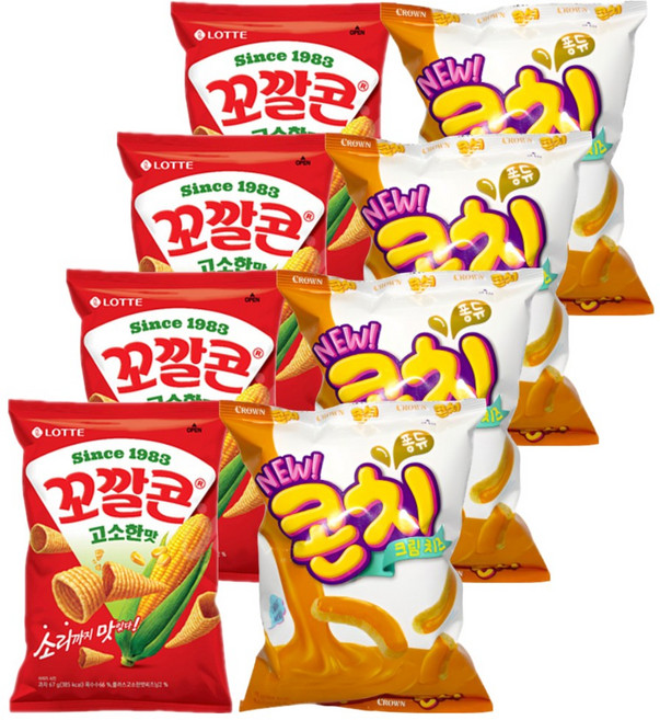 롯데 크라운 스낵모음 꼬깔콘 고소한맛 67gx4개+콘치 66gx4개 (총8개) 과자세트, 532g, 1세트