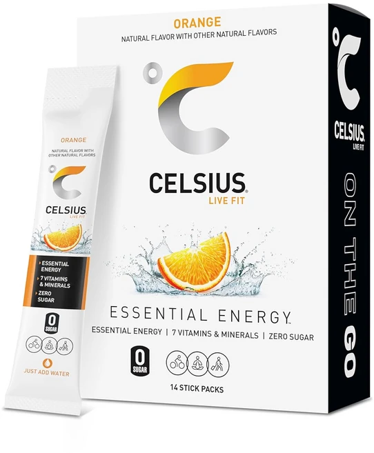 [1/2/3/4/5/6박스 택1] Celsius 셀시어스 온더고 오렌지맛 무설탕 분말 14스틱 /박스, 74.2g, 1개 - 쿠팡