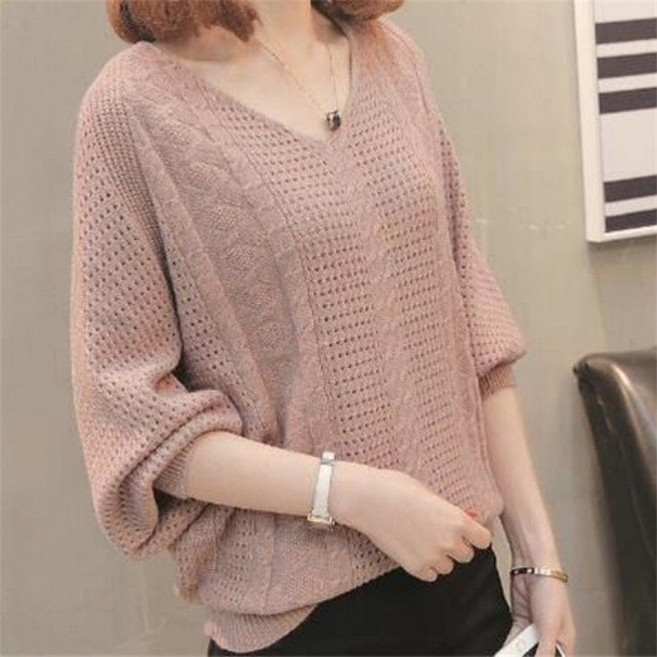 AOKADA 여성 봄 가을 루즈핏 브이넥 가오리 소매 펀칭 니트 데일리 긴팔 티셔츠