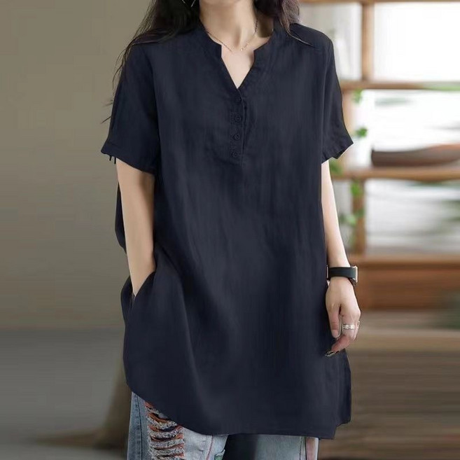 Qurora 棉麻上衣 V領寬鬆顯瘦中長版女上衣