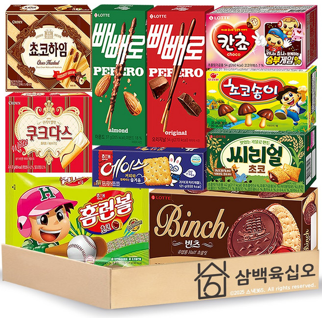 인기과자 세트 10종 빼빼로 + 아몬드빼빼로 + 홈런볼 + 빈츠 + 초코하임 + 칸쵸 + 에이스 + 씨리얼 + 초코송이 + 쿠크다스, 1개