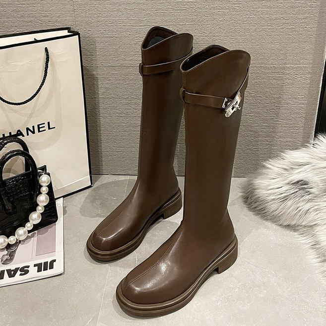 [자체제작] 버클장식 라운드 청키힐 통굽 뒤지퍼 안감기모 가죽 롱부츠 ME9801