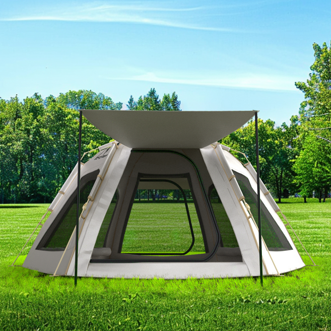 프란다스 자동 설치 원터치 텐트 6인용 육각형 캠핑 텐트, 베이지, 5-6인용