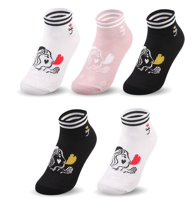 까스텔바작 여성 논쿠션 단목 양말 5족 세트 CS5SK1011, 화이트 + 블랙 + 핑크, 1세트