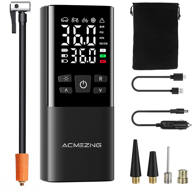ACMEZING 타이어 공기압 주입기 휴대용 공기압 주입기 차량용 대용량 무선 다용도 에어 펌프 자전거 오토바이 구기 기압 주입기 7800mAh, 블랙, 1개