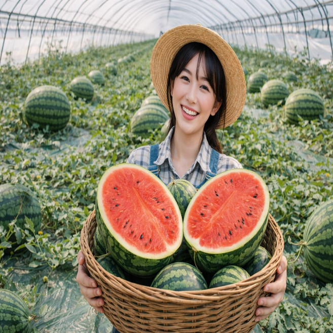 산지픽 하우스수박 시원과즙 딸콤한 여름간식 하우스꿀수박 가정용, 1개, 8kg내외(7.7~8.6kg)