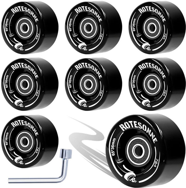 8 팩 78A 쿼드 롤러 스케이트 휠 65 x 36mm ABEC-9 베어링 장착 더블 로우 스케이팅 액세서리 실외/실내 사용(블랙), Black, 블랙.
