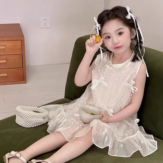女童洋裝 甜美亮片荷葉邊無袖洋裝