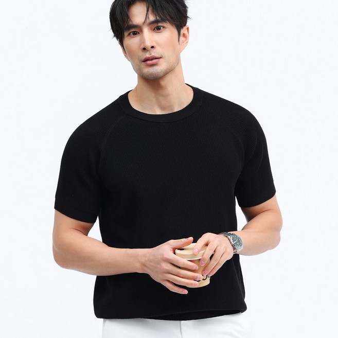 글리멜로 남자 여름 골지 라운드넥 니트 반팔 티셔츠