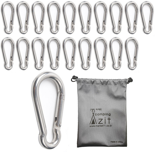 캠핑 아지트 탄소강 (Carbon Steel) 강철 비너 + 방수 주머니, 6cm × 20개