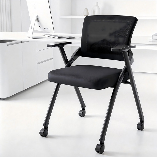 Takata 접이식 메쉬 의자 사무실 회의실 트레이닝 체어 이동식 바퀴 통기성 우수 공간절약 다용도 간이 의자 CC1, 검은색