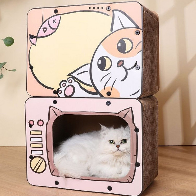 뚜뚜샾 고양이 집콕 박스 하우스형 스크래쳐 숨숨집, 1개, 연핑크