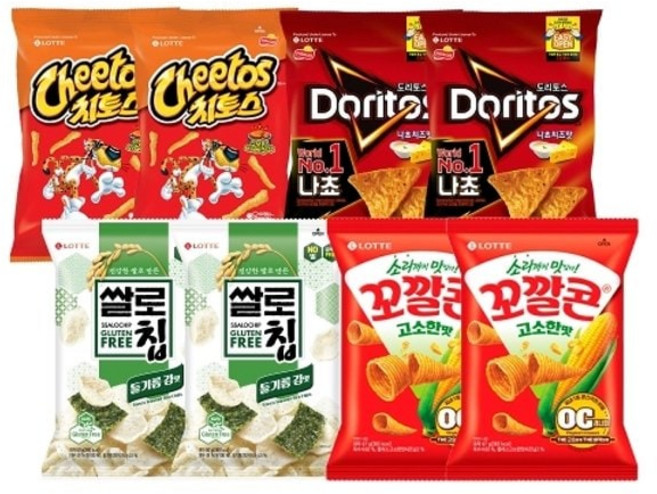 롯데제과 쌀로칩 들기름 김맛 50g x 2+꼬깔콘 67g 2+치토스 82g 2+도리토스 84g 2, 1