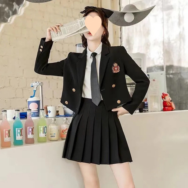Krismile교복 여자 예쁜 영국 스타일 블랙 화이트 마이 자켓 동복 치마 교복룩 세트+QDR124