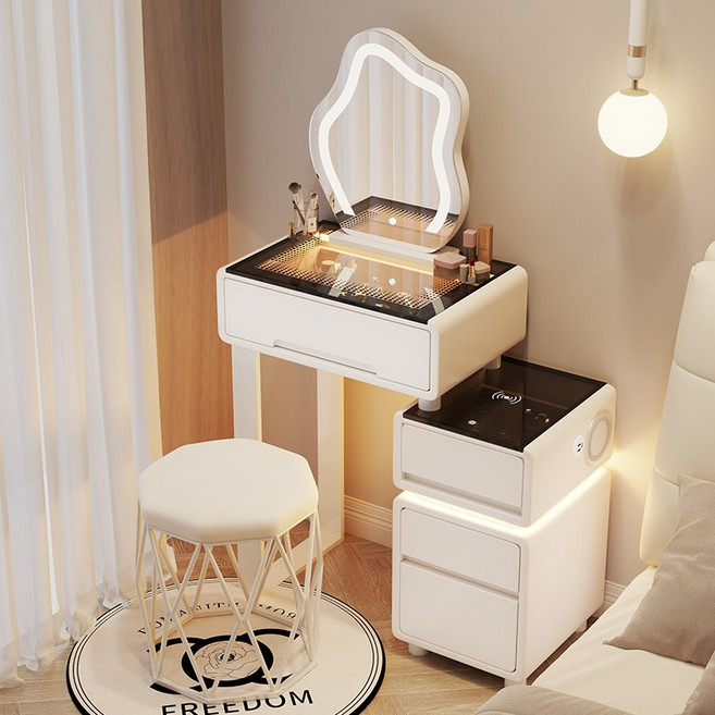 모던 LED 조명 화장대 수납 공간 서랍장 콘솔 확장형 화장대, 화이트(스마트형) + 의자(A)
